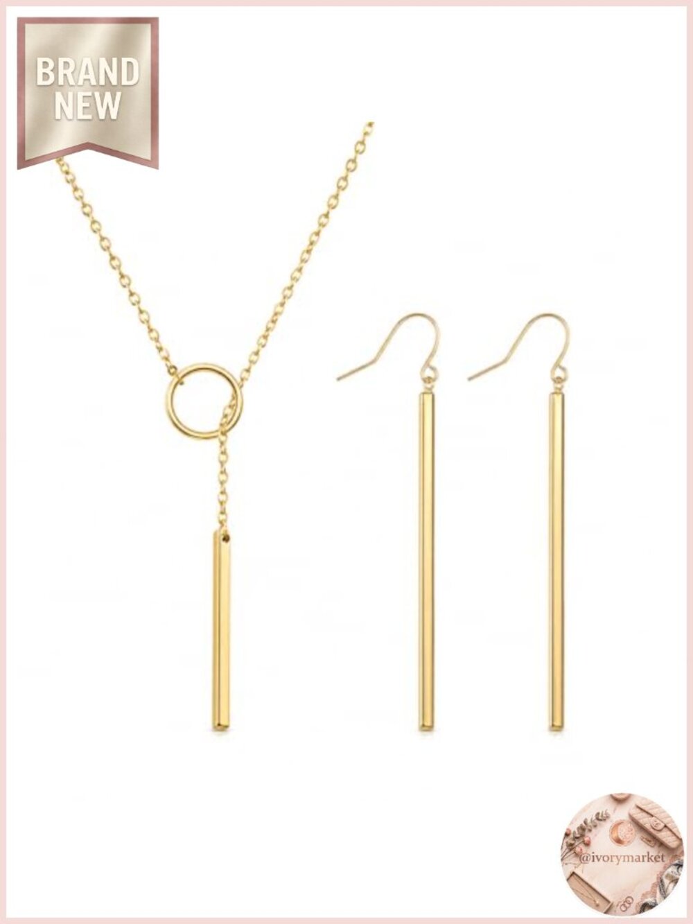 Gold Plated Dangle Earrings Layered Bar Pendant Necklace Set Delicate Lariat